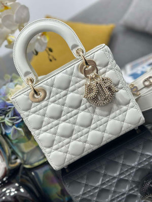 Dior M0531 Small Lady Dior Bag White Cannage Lambskin with Gold-Finish Sun Studs - Default Title - View 5
