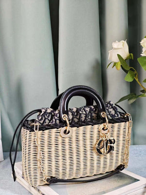 Dior M0540 Medium Lady Dior Bag D-joy Natural Wicker navy Blue Dior Oblique Jacquard - Default Title - View 3