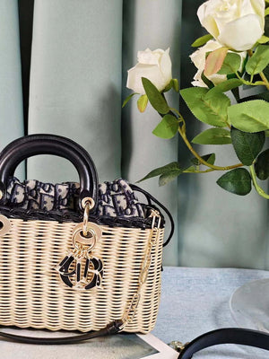 Dior M0540 Medium Lady Dior Bag D-joy Natural Wicker navy Blue Dior Oblique Jacquard - Default Title - View 5