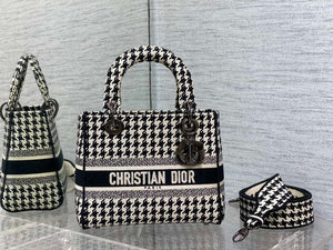 Dior M0565 Medium Lady D-Life Bag Black and White Houndstooth Embroidery - Default Title - View 1
