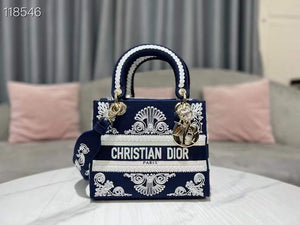 Dior M0565 Medium Lady D-Life Bag Blue and White Cornely-Effect Embroidery - Default Title - View 1