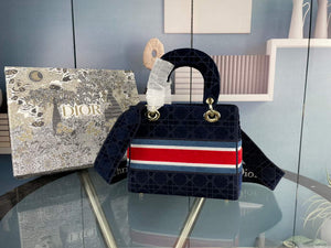 Dior M0565 Medium Lady D-Life Bag Navy Blue Embroidery with Red - Default Title - View 3