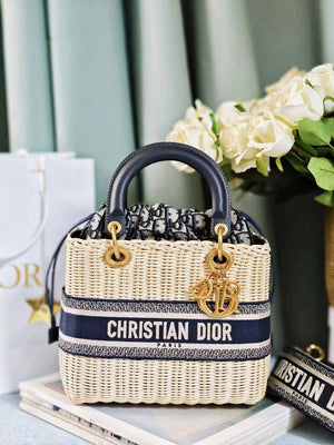 Dior M0565 Medium Lady Dior Bag Natural Wicker Navy Blue Dior Oblique Jacquard - Default Title - View 1