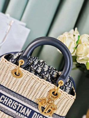 Dior M0565 Medium Lady Dior Bag Natural Wicker Navy Blue Dior Oblique Jacquard - Default Title - View 3