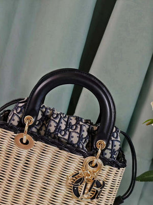 Dior M0565 Medium Lady Dior Bag Natural Wicker with Navy Blue - Default Title - View 6