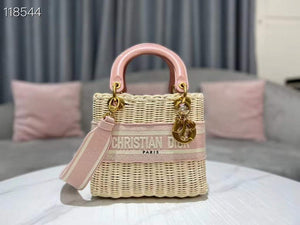 Dior M0565 Medium Lady Dior Bag Natural Wicker Pink - Default Title - View 1