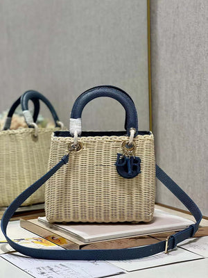 Dior M0565 Medium Lady Dior Bag Natural Wicker With Navy Blue Snake - Default Title - View 1