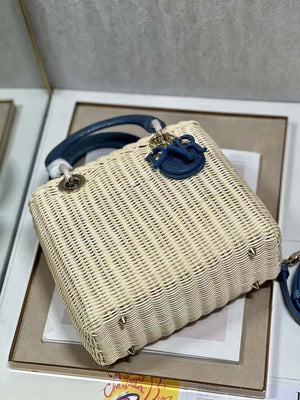 Dior M0565 Medium Lady Dior Bag Natural Wicker With Navy Blue Snake - Default Title - View 7