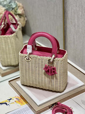 Dior M0565 Medium Lady Dior Bag Natural Wicker With Pink Snake - Default Title - View 3