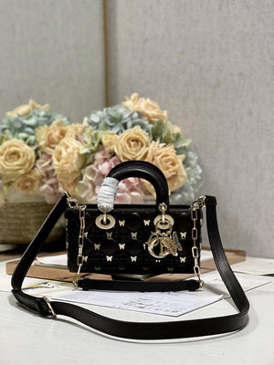 Dior M0613 Small Lady D-joy Bag Black Cannage Lambskin with Gold-Finish Butterfly Studs - Default Title - View 1