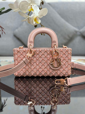 Dior M0613 Small Lady D-joy Bag Blue Cannage Lambskin Embroidered half pearl rose gold - Default Title - View 1