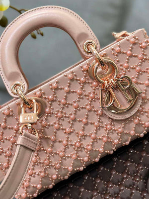 Dior M0613 Small Lady D-joy Bag Blue Cannage Lambskin Embroidered half pearl rose gold - Default Title - View 5