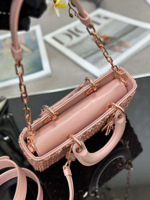 Dior M0613 Small Lady D-joy Bag Blue Cannage Lambskin Embroidered half pearl rose gold - Default Title - View 7