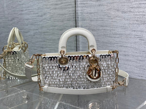 Dior M0613 Small Lady D-joy Bag Cannage Lambskin Limited Edition D-Joy Bag Black Fabric Embroidered with Glass-Bead Fringe White - Default Title - View 1