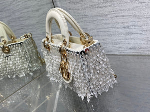 Dior M0613 Small Lady D-joy Bag Cannage Lambskin Limited Edition D-Joy Bag Black Fabric Embroidered with Glass-Bead Fringe White - Default Title - View 6