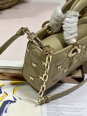 Dior M0613 Small Lady D-joy Bag Green Cannage Lambskin with Gold-Finish Butterfly Studs - Default Title - View 3