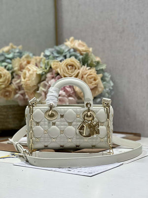 Dior M0613 Small Lady D-joy Bag White Cannage Lambskin with Gold-Finish Butterfly Studs - Default Title - View 1