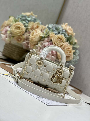 Dior M0613 Small Lady D-joy Bag White Cannage Lambskin with Gold-Finish Butterfly Studs - Default Title - View 2