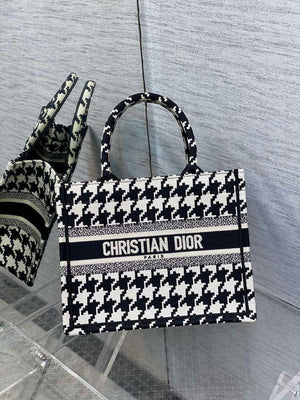 Dior M1265 Small Book Tote Black and White Macro Houndstooth Embroidery M9619 - Default Title - View 1