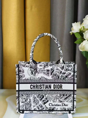 Dior M1265 Small Book Tote White and Black Plan de Paris Embroidery M9616 - Default Title - View 1