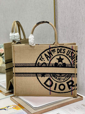 Dior M1286 Large Book Tote Beige jute fabric with Union motif embroidery - Default Title - View 6
