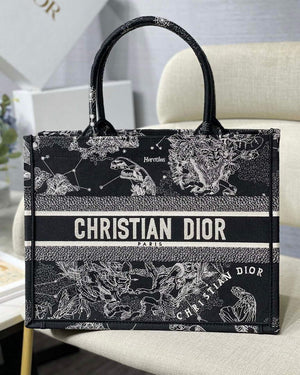 Dior M1296 Medium Book Tote Black Toile de Jouy Zodiac latte embroidery - Default Title - View 1
