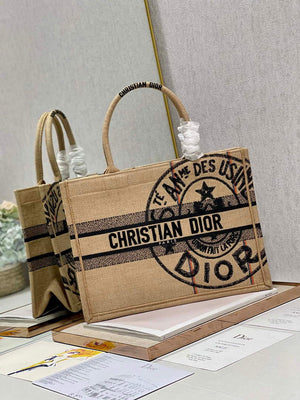 Dior M1296 Medium Book Tote Beige jute fabric with Union motif embroidery - Default Title - View 2