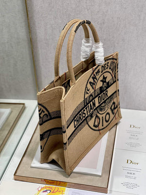 Dior M1296 Medium Book Tote Beige jute fabric with Union motif embroidery - Default Title - View 4