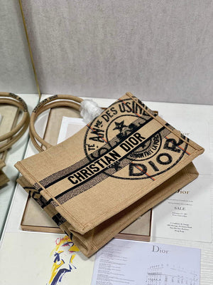 Dior M1296 Medium Book Tote Beige jute fabric with Union motif embroidery - Default Title - View 5