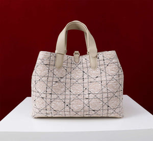 Dior M2820 Large Dior Toujours Bag Beige Tweed with White Cannage Motif - Default Title - View 5