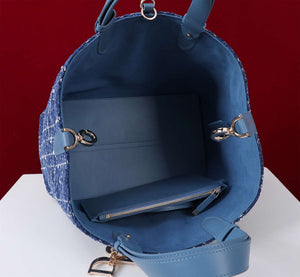 Dior M2820 Large Dior Toujours Bag Denim Blue Tweed with White Cannage Motif - Default Title - View 7