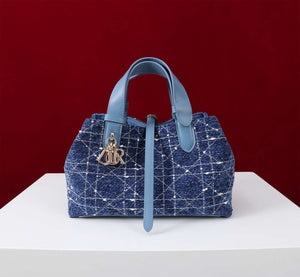 Dior M2821 Medium Dior Toujours Bag Denim Blue Tweed with White Cannage Motif - Default Title - View 2