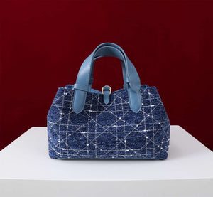 Dior M2821 Medium Dior Toujours Bag Denim Blue Tweed with White Cannage Motif - Default Title - View 7