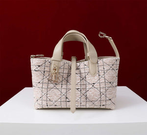 Dior M2822 Small Dior Toujours Bag Beige Tweed with White Cannage Motif - Default Title - View 1