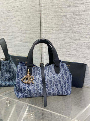 Dior M2822 Small Dior Toujours Bag Blue Denim Dior Oblique Jacquard - Default Title - View 1