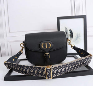 Dior M9320 Large Bobby Bag Black Grained Calfskin with Blue Dior Oblique Strap - Default Title - View 1