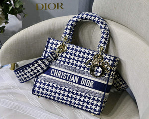 Dior Medium Lady D-Life Bag M0565 Navy Blue and White Butterfly Embroidery - Default Title - View 1