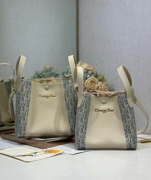 Dior Medium Signature Bucket Bag Blue Dior Oblique Chambray with Raffia Effect and Light Biscuit Smooth Calfskin - Default Title - View 2