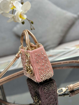 Dior S0856 MICRO LADY DIOR BAG Horizon Metallic Cannage Lambskin embroidery beads Pink - Default Title - View 3