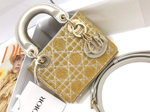 Dior S0856 MICRO LADY DIOR BAG Horizon Yellow Metallic Cannage Lambskin Embroidered with Beads - Default Title - View 1