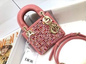Dior S0856 Micro Lady Dior Bag Square Embroidery Set with Pink Multicolor Strass - Default Title - View 1