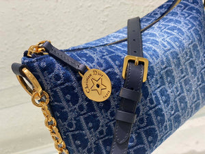 Dior S3202 Diorstar Hobo Bag with Chain Blue Denim Dior Oblique Jacquard M2030 - Default Title - View 5