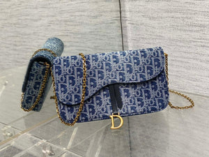 Dior S5907 Saddle Pouch with Chain Blue Denim Dior Oblique Jacquard M2026 - Default Title - View 1