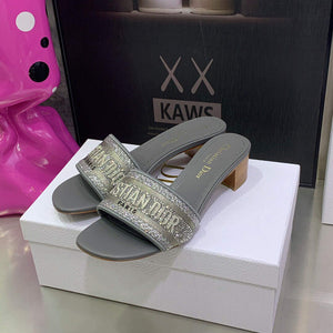 Dior Women's Shoes Dway Heeled Slide Metallic Thread Strass KCQ244LCS Gray - 35 - View 1
