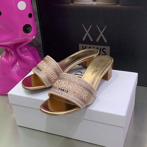 Dior Women's Shoes Dway Heeled Slide Metallic Thread Strass KCQ244LCS naked powder - 35 - View 1