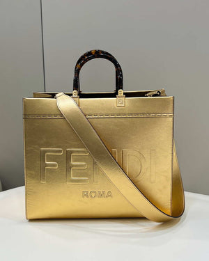 Fendi 8553 Sunshine Medium Tote Shoulder Bag 8BH386 Gold Laminated leather shopper - Default Title - View 1