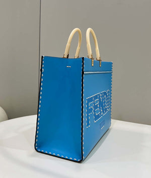 Fendi 8BH386 Sunshine Medium Blue leather shopper bag with contrasting threading 80015 - Default Title - View 4