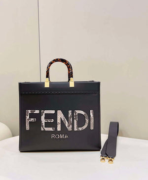 Fendi 8BH386 Sunshine Medium Tote Black Leather and elaphe shopper bag - Default Title - View 1
