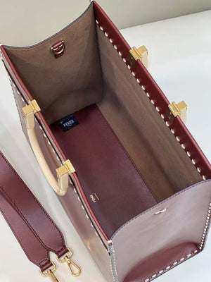 Fendi 8BH386 Sunshine Medium Wine Red leather shopper bag with contrasting threading 80015 - Default Title - View 11