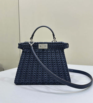 Fendi 8BN327 Peekaboo ISeeU Small Dark Blue interlace leather bag 80138M - Default Title - View 1